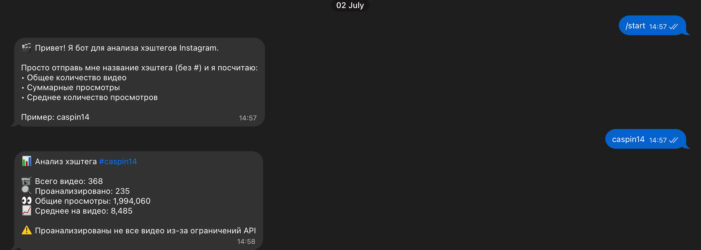 Inst Helper: Telegram Bot for Hashtag Video Analytics